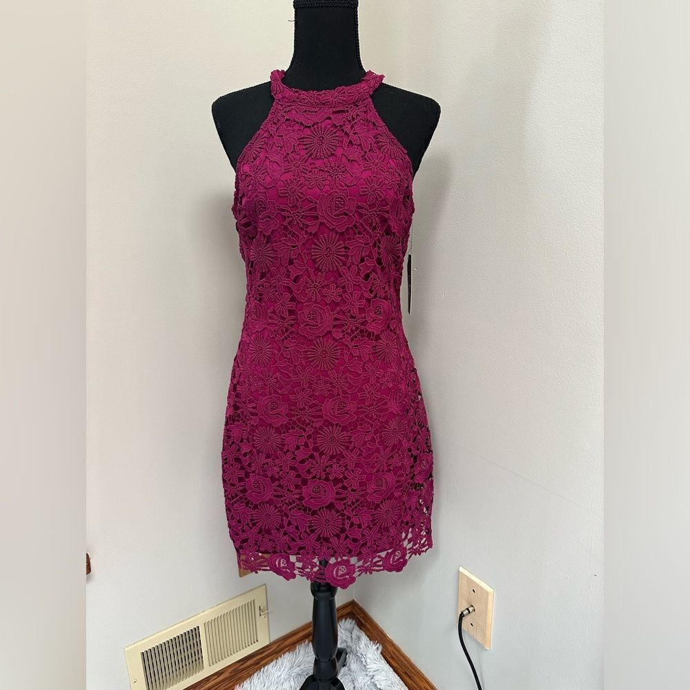 Lulu's Magenta Crochet Lace Halter Mini Dress